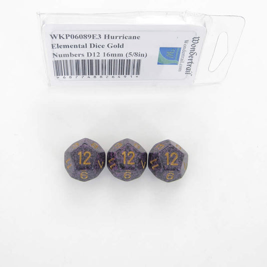 WKP06089E3 Hurricane Elemental Dice Gold Numbers D12 16mm Pack of 3 Main Image