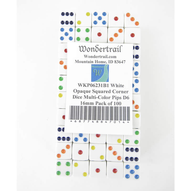 WKP06231B1 White Opaque Squared Corner Dice Multi-Color Pips D6 16mm Pack of 100 2nd Image