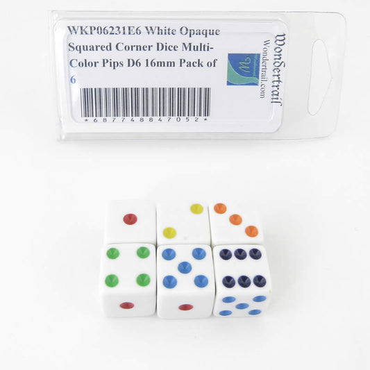 WKP06231E6 White Opaque Squared Corner Dice Multi-Color Pips D6 16mm Pack of 6 Main Image