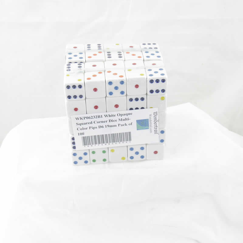 WKP06232B1 White Opaque Squared Corner Dice Multi-Color Pips D6 19mm Pack of 100 Main Image