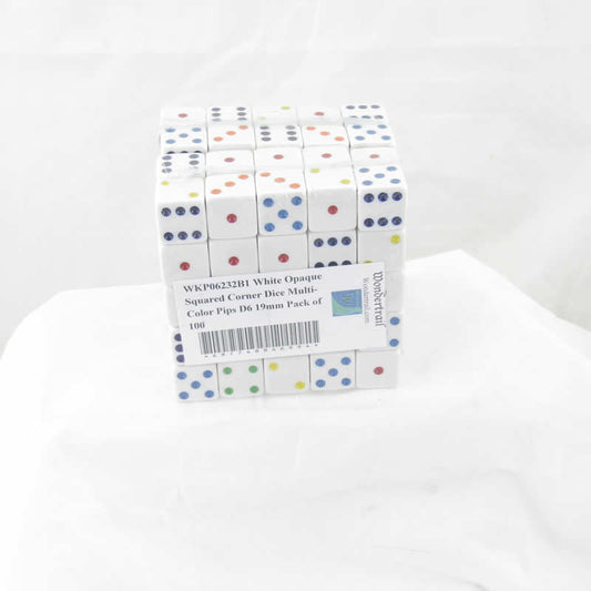 WKP06232B1 White Opaque Squared Corner Dice Multi-Color Pips D6 19mm Pack of 100 Main Image