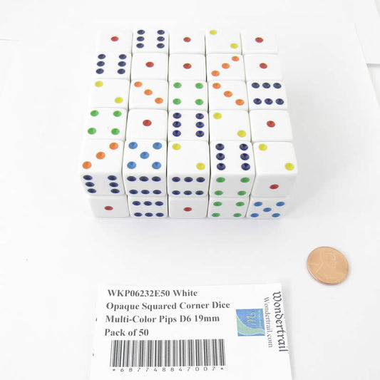 WKP06232E50 White Opaque Squared Corner Dice Multi-Color Pips D6 19mm Pack of 50 Main Image