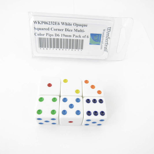 WKP06232E6 White Opaque Squared Corner Dice Multi-Color Pips D6 19mm Pack of 6 Main Image