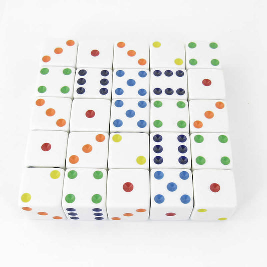 WKP06233E25 White Opaque Squared Corner Dice Multi-Color Pips D6 25mm Pack of 25 Main Image