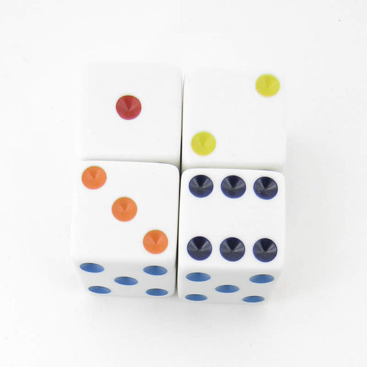 WKP06233E4 White Opaque Squared Corner Dice Multi-Color Pips D6 25mm Pack of 4 Main Image