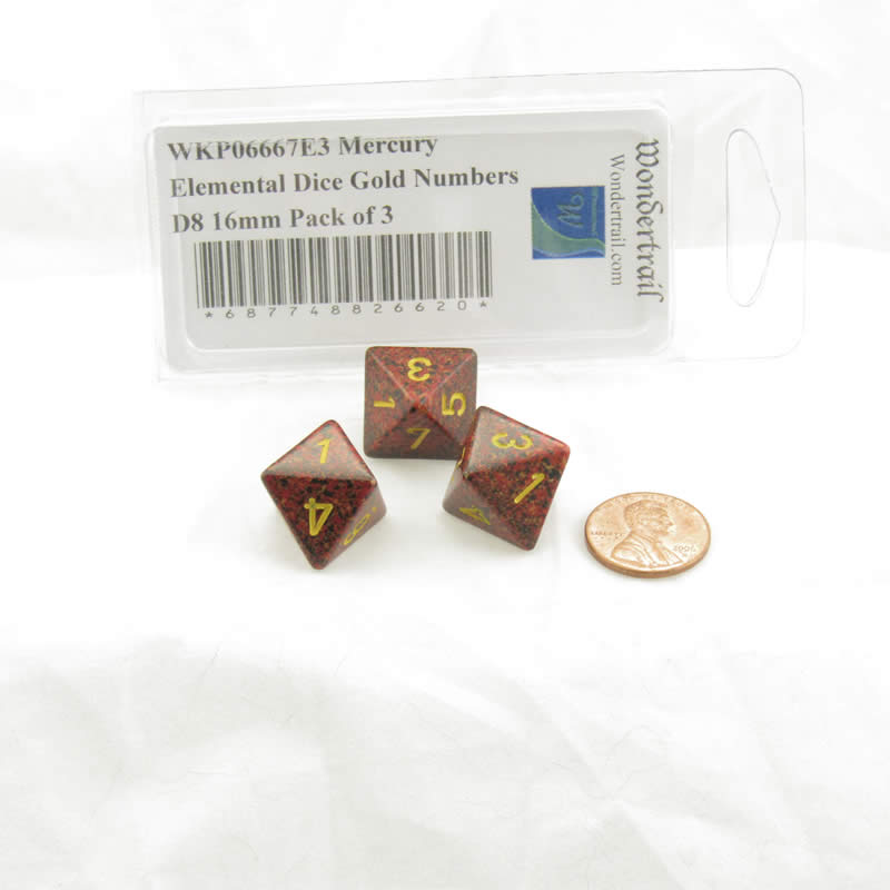 WKP06667E3 Mercury Elemental Dice Gold Numbers D8 16mm Pack of 3 2nd Image