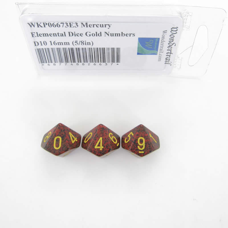 WKP06673E3 Mercury Elemental Dice Gold Numbers D10 16mm Pack of 3 Main Image