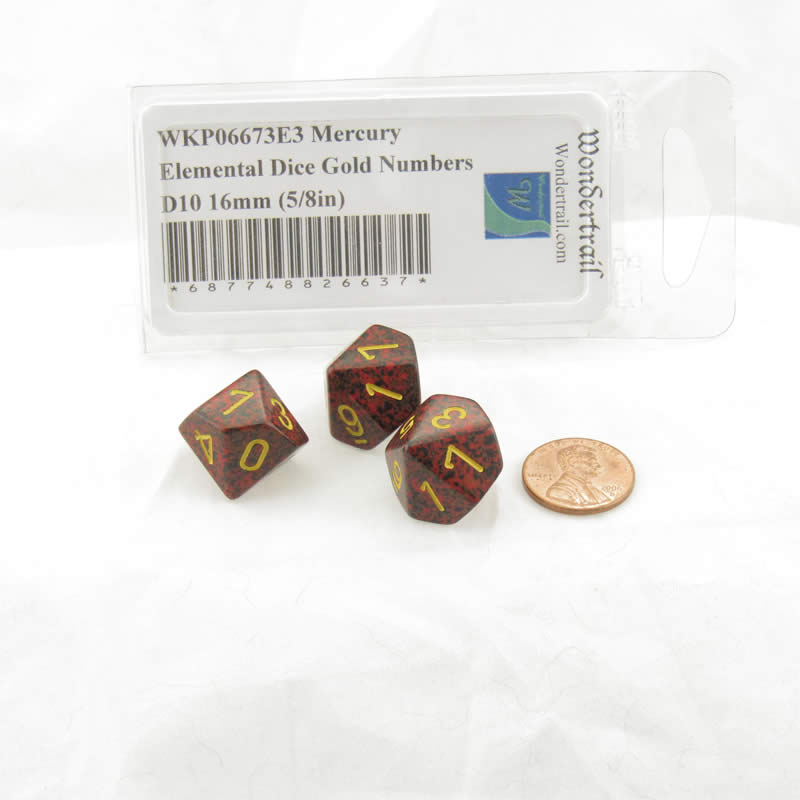 WKP06673E3 Mercury Elemental Dice Gold Numbers D10 16mm Pack of 3 2nd Image