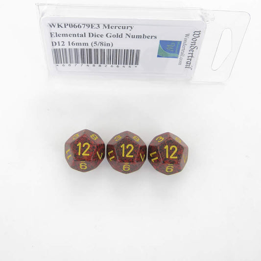 WKP06679E3 Mercury Elemental Dice Gold Numbers D12 16mm Pack of 3 Main Image