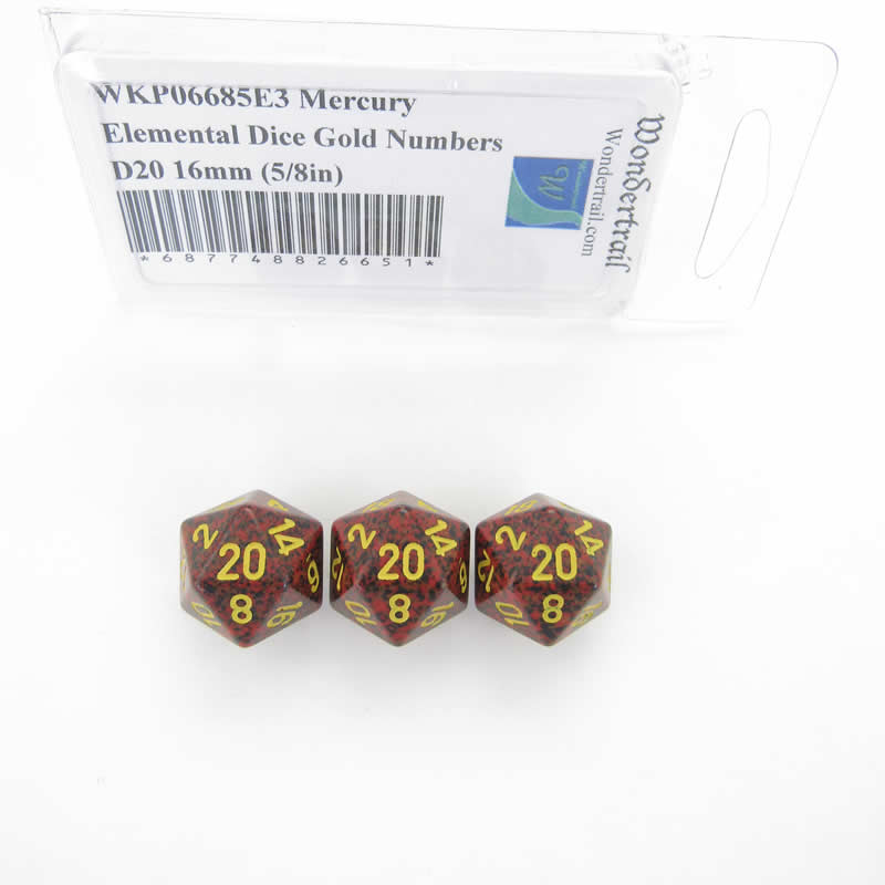 WKP06685E3 Mercury Elemental Dice Gold Numbers D20 16mm Pack of 3 Main Image