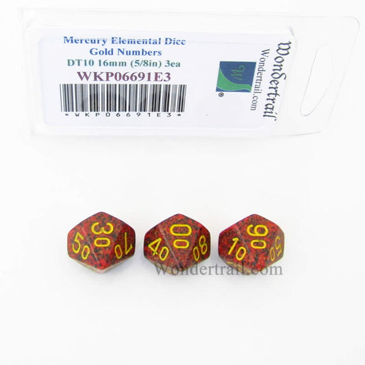 WKP06691E3 Mercury Elemental Dice Gold Numbers DT10 16mm Pack of 3 Main Image