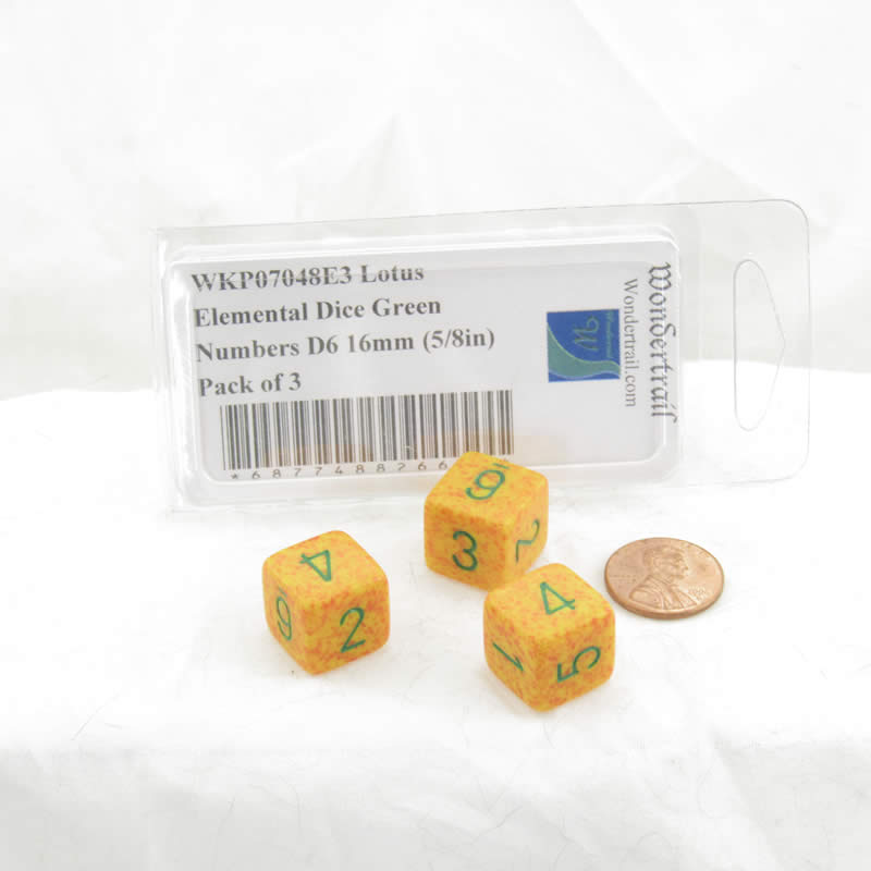 WKP07048E3 Lotus Elemental Dice Green Numbers D6 16mm (5/8in) Pack of 3 2nd Image