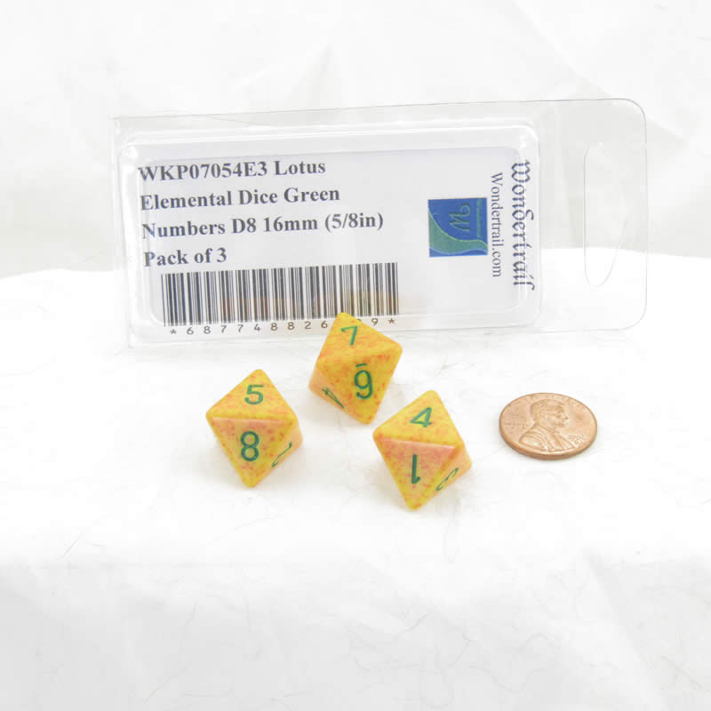 WKP07054E3 Lotus Elemental Dice Green Numbers D8 16mm (5/8in) Pack of 3 2nd Image