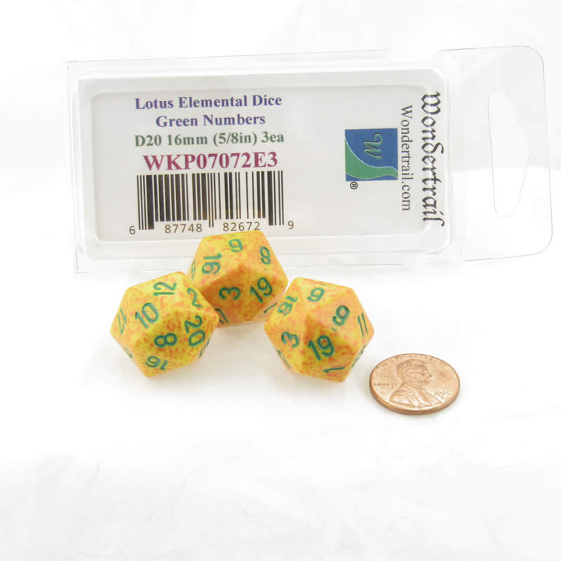 WKP07072E3 Lotus Elemental Dice Green Numbers D20 16mm Pack of 3 2nd Image