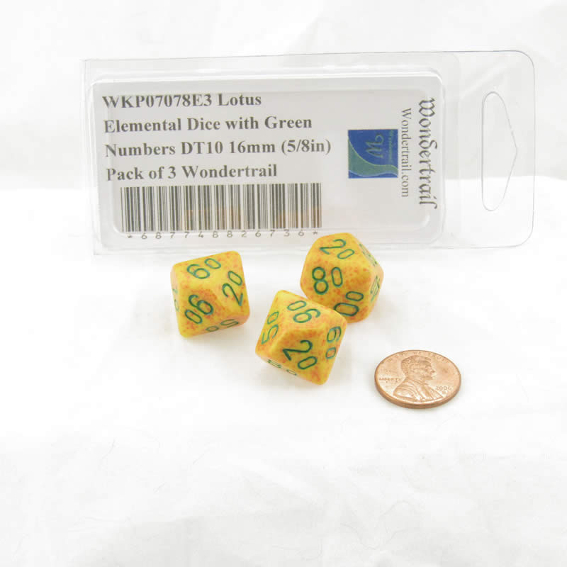 WKP07078E3 Lotus Elemental Dice with Green Numbers DT10 16mm (5/8in) Pack of 3 Wondertrail 2nd Image