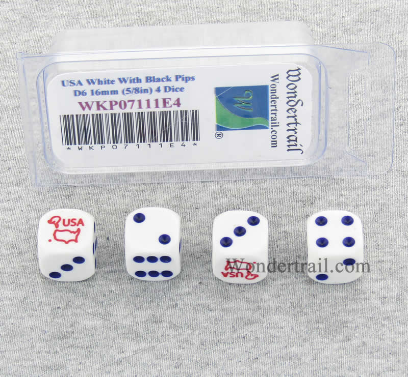 WKP07111E4 USA Country Dice White Opaque Black Pips D6 16mm Pack of 4 Main Image