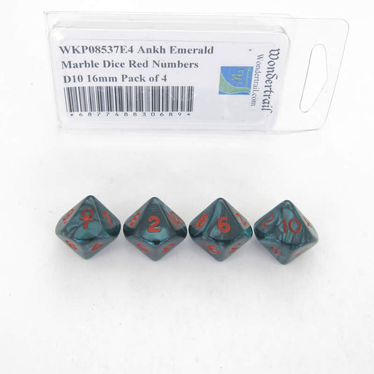 WKP08537E4 Ankh Emerald Marble Dice Red Numbers D10 16mm Pack of 4 Main Image