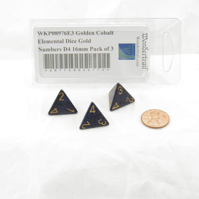 WKP08976E3 Golden Cobalt Elemental Dice Gold Numbers D4 16mm Pack of 3 2nd Image
