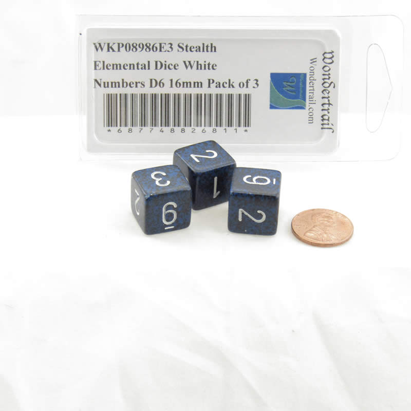 WKP08986E3 Stealth Elemental Dice White Numbers D6 16mm Pack of 3 2nd Image