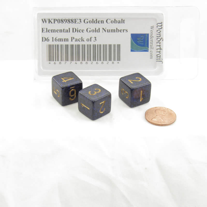 WKP08988E3 Golden Cobalt Elemental Dice Gold Numbers D6 16mm Pack of 3 2nd Image