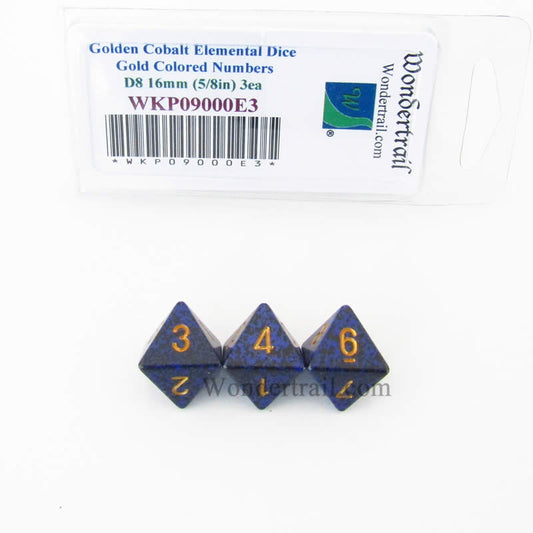 WKP09000E3 Golden Cobalt Elemental Dice Gold Numbers D8 16mm Pack of 3 Main Image