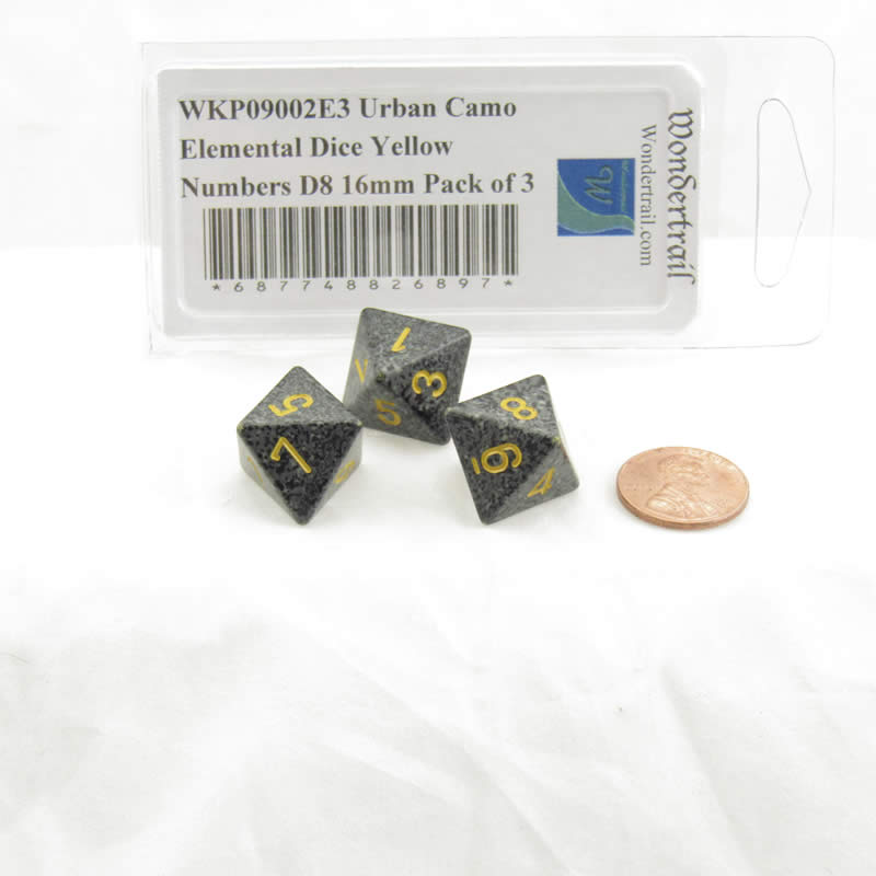 WKP09002E3 Urban Camo Elemental Dice Yellow Numbers D8 16mm Pack of 3 2nd Image
