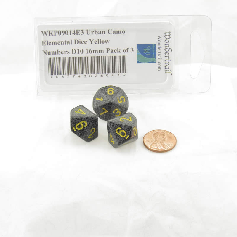 WKP09014E3 Urban Camo Elemental Dice Yellow Numbers D10 16mm Pack of 3 2nd Image