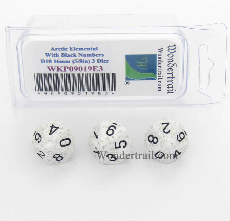 WKP09019E3 Arctic Camo Elemental Dice Black Numbers D10 16mm Pack of 3 Main Image