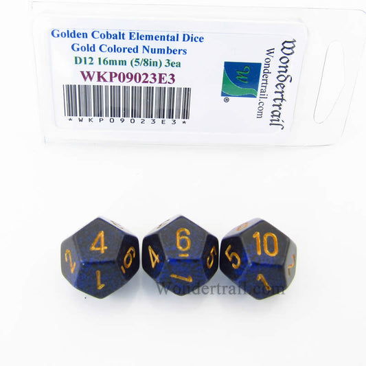 WKP09023E3 Golden Cobalt Elemental Dice Gold Numbers D12 16mm Pack of 3 Main Image