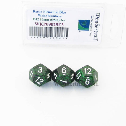WKP09025E3 Recon Elemental Dice White Numbers D12 16mm Pack of 3 Main Image