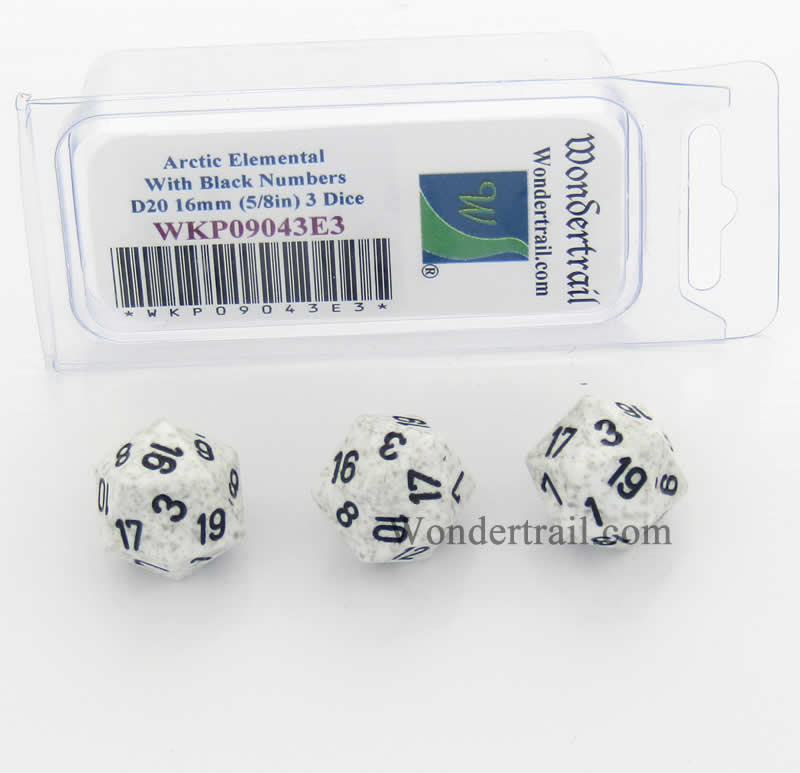 WKP09043E3 Arctic Camo Elemental Dice Black Numbers D20 16mm Pack of 3 Main Image