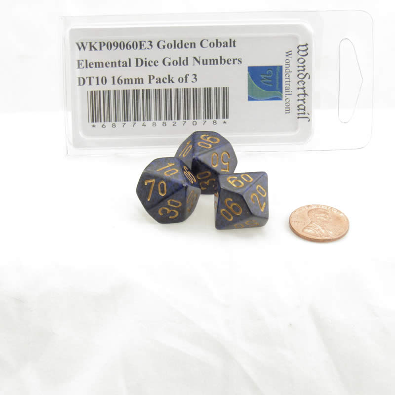 WKP09060E3 Golden Cobalt Elemental Dice Gold Numbers DT10 16mm Pack of 3 2nd Image