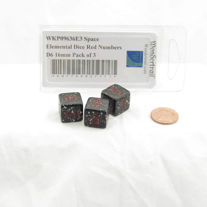 WKP09636E3 Space Elemental Dice Red Numbers D6 16mm Pack of 3 2nd Image