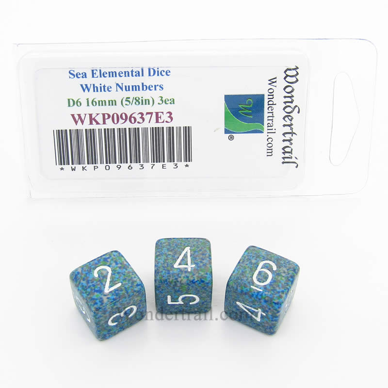 WKP09637E3 Sea Elemental Dice White Numbers D6 16mm Pack of 3 Main Image