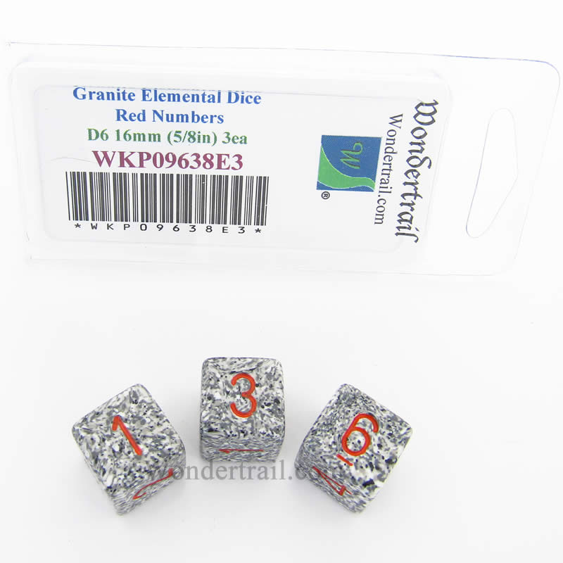 WKP09638E3 Granite Elemental Dice Red Numbers D6 16mm Pack of 3 Main Image