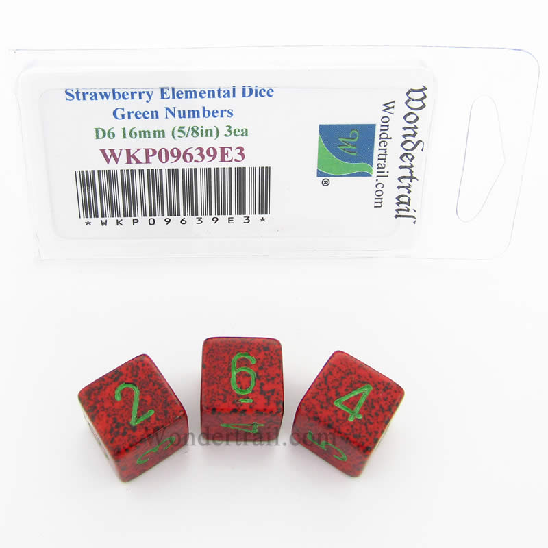 WKP09639E3 Strawberry Elemental Dice Green Numbers D6 16mm Pack of 3 Main Image