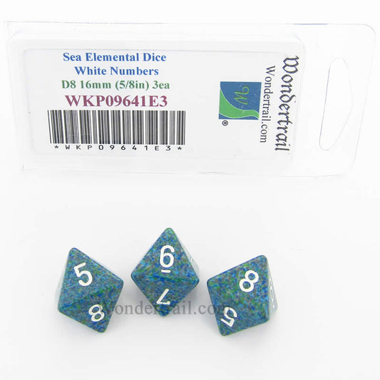 WKP09641E3 Sea Elemental Dice White Numbers D8 16mm Pack of 3 Main Image