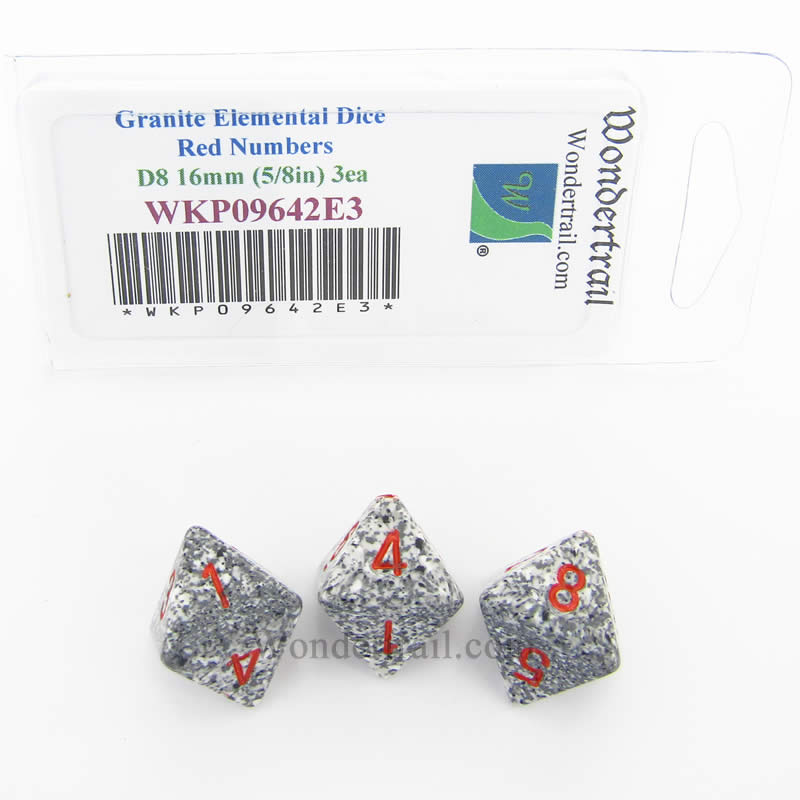 WKP09642E3 Granite Elemental Dice Red Numbers D8 16mm Pack of 3 Main Image