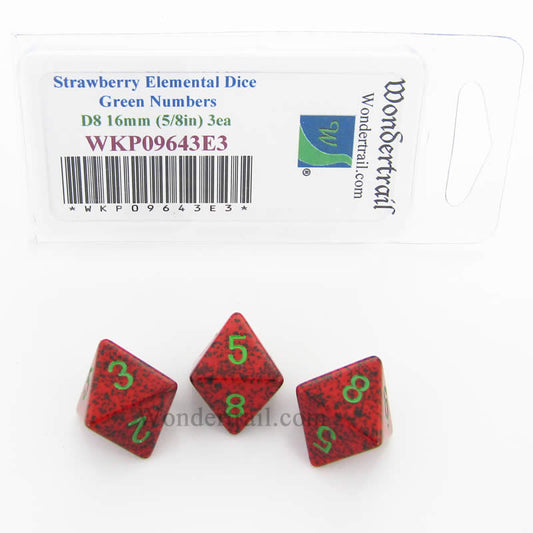 WKP09643E3 Strawberry Elemental Dice Green Numbers D8 16mm Pack of 3 Main Image
