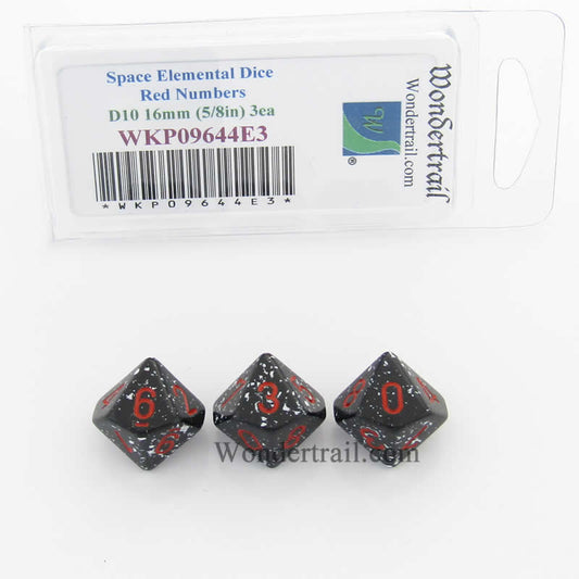 WKP09644E3 Space Elemental Dice Red Numbers D10 16mm Pack of 3 Main Image
