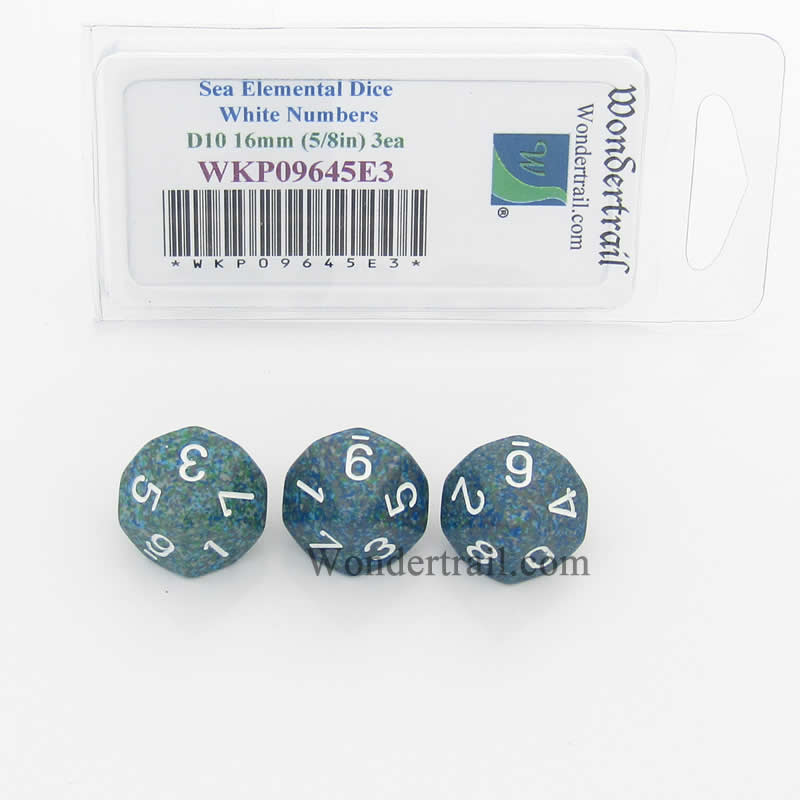 WKP09645E3 Sea Elemental Dice White Numbers D10 16mm Pack of 3 Main Image