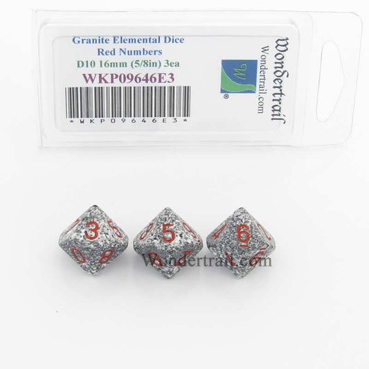 WKP09646E3 Granite Elemental Dice Red Numbers D10 16mm Pack of 3 Main Image