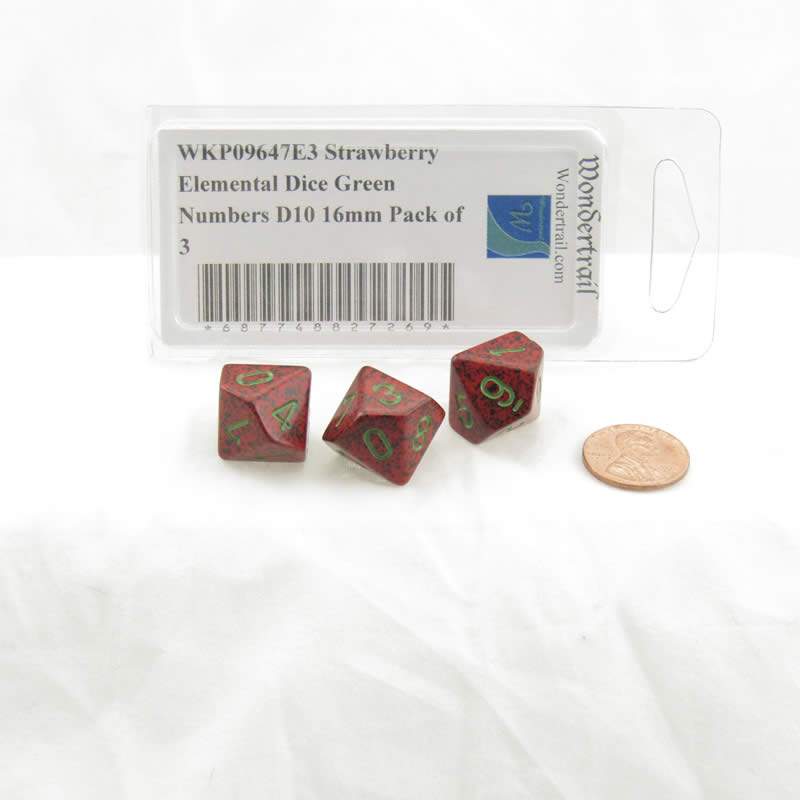 WKP09647E3 Strawberry Elemental Dice Green Numbers D10 16mm Pack of 3 2nd Image