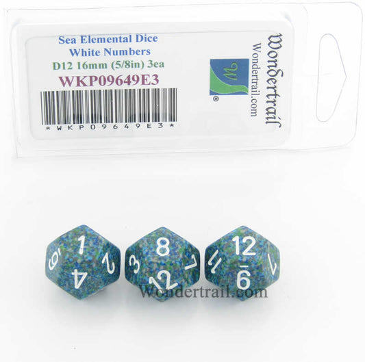 WKP09649E3 Sea Elemental Dice White Numbers D12 16mm Pack of 3 Main Image