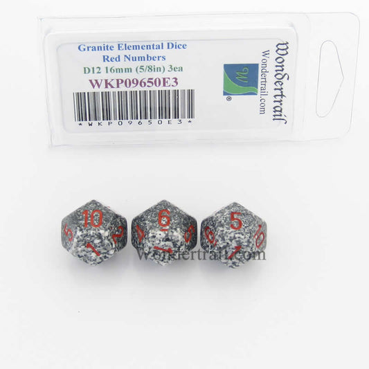 WKP09650E3 Granite Elemental Dice Red Numbers D12 16mm Pack of 3 Main Image