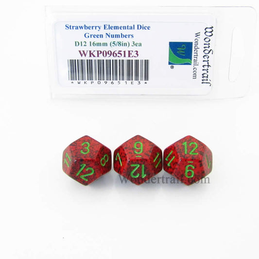 WKP09651E3 Strawberry Elemental Dice Green Numbers D12 16mm Pack of 3 Main Image