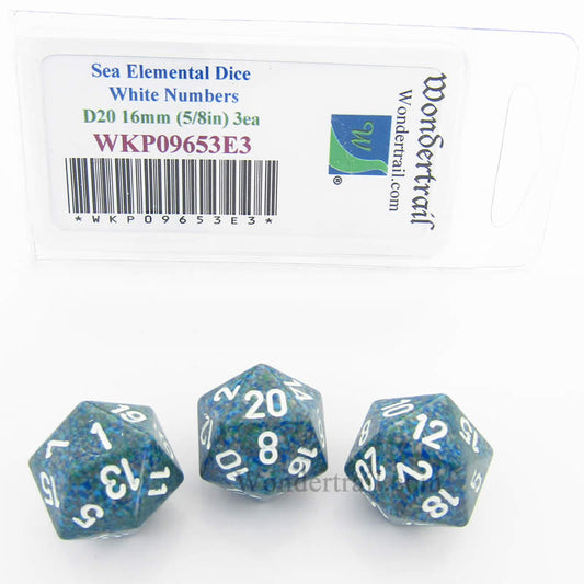 WKP09653E3 Sea Elemental Dice White Numbers D20 16mm Pack of 3 Main Image