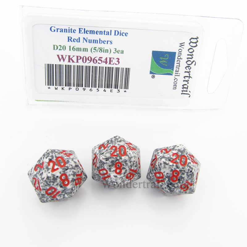 WKP09654E3 Granite Elemental Dice Red Numbers D20 16mm Pack of 3 Main Image