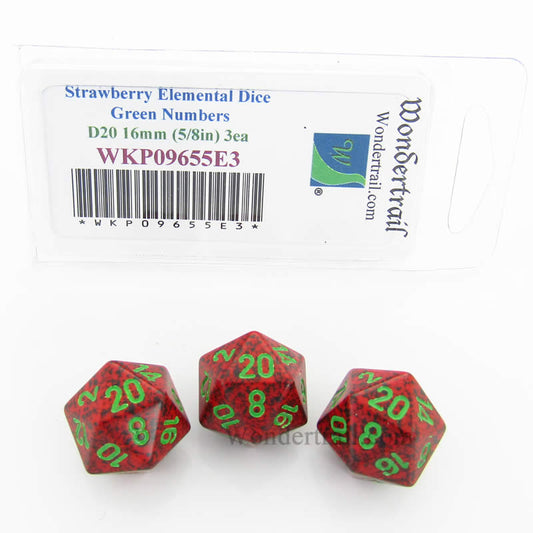 WKP09655E3 Strawberry Elemental Dice Green Numbers D20 16mm Pack of 3 Main Image