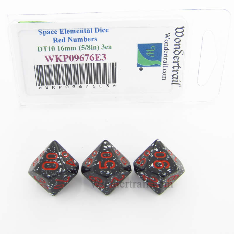 WKP09676E3 Space Elemental Dice Red Numbers DT10 16mm Pack of 3 Main Image